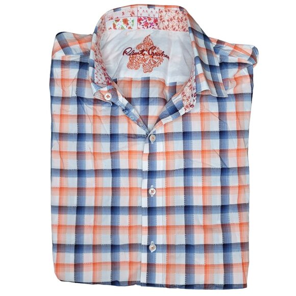 Robert Graham XL Plaid Button-Down Shirt Orange & Blue Checkered Short-Sleeve - Picture 1 of 7